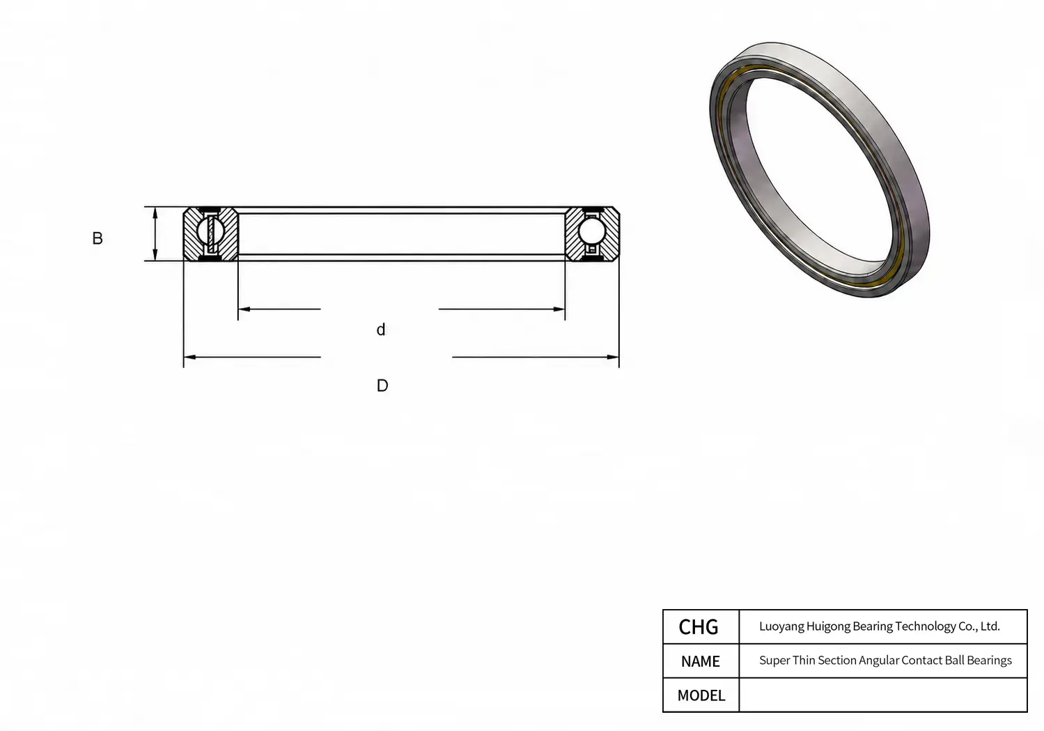 CAD Drawing and Dimensions for HKS03503AS0 Super Thin Section Angular Contact Ball Bearings