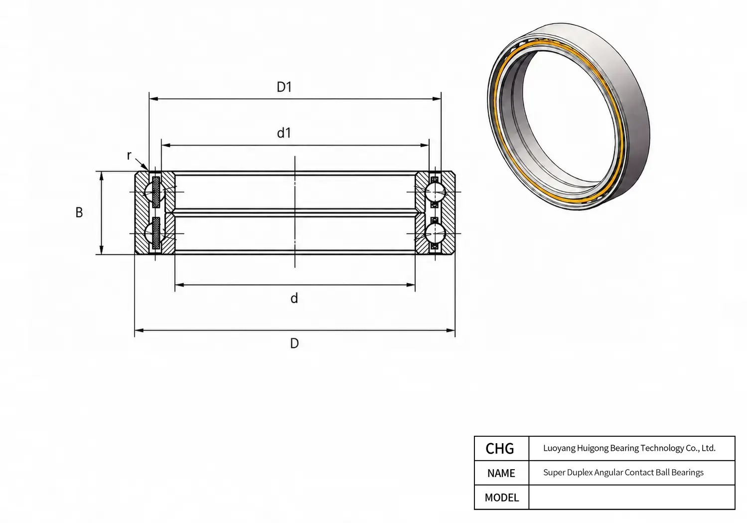 CAD Drawing and Dimensions for HWAD1048HP4 Super Duplex Angular Contact Ball Bearings