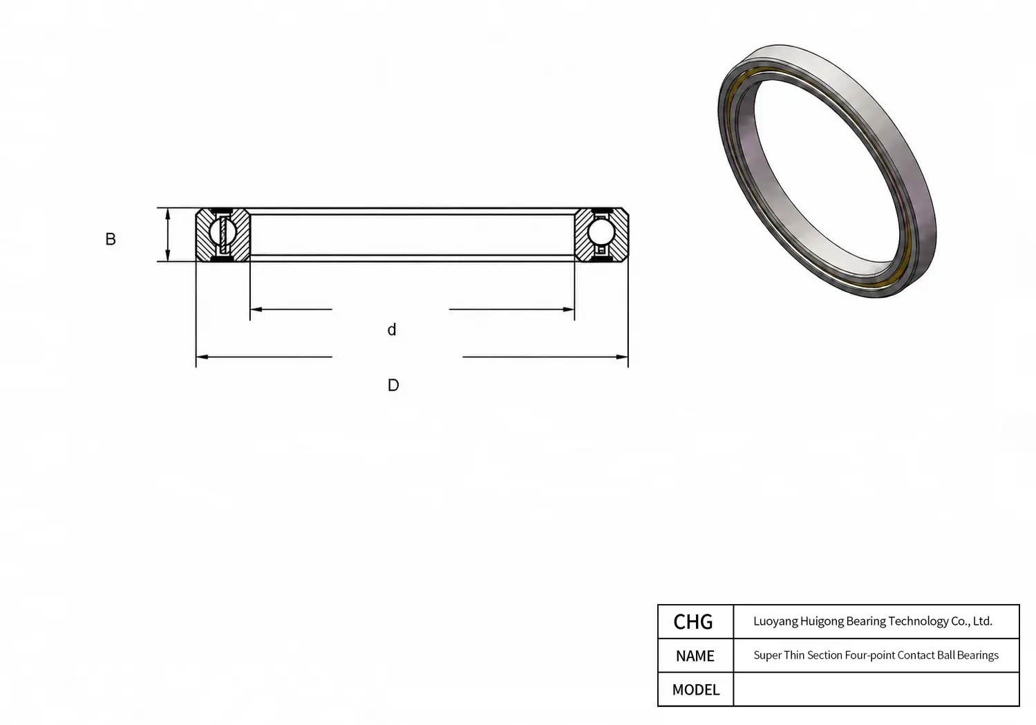 CAD Drawing and Dimensions for HKS07403XS0 Super Thin Section Four-point Contact Ball Bearings