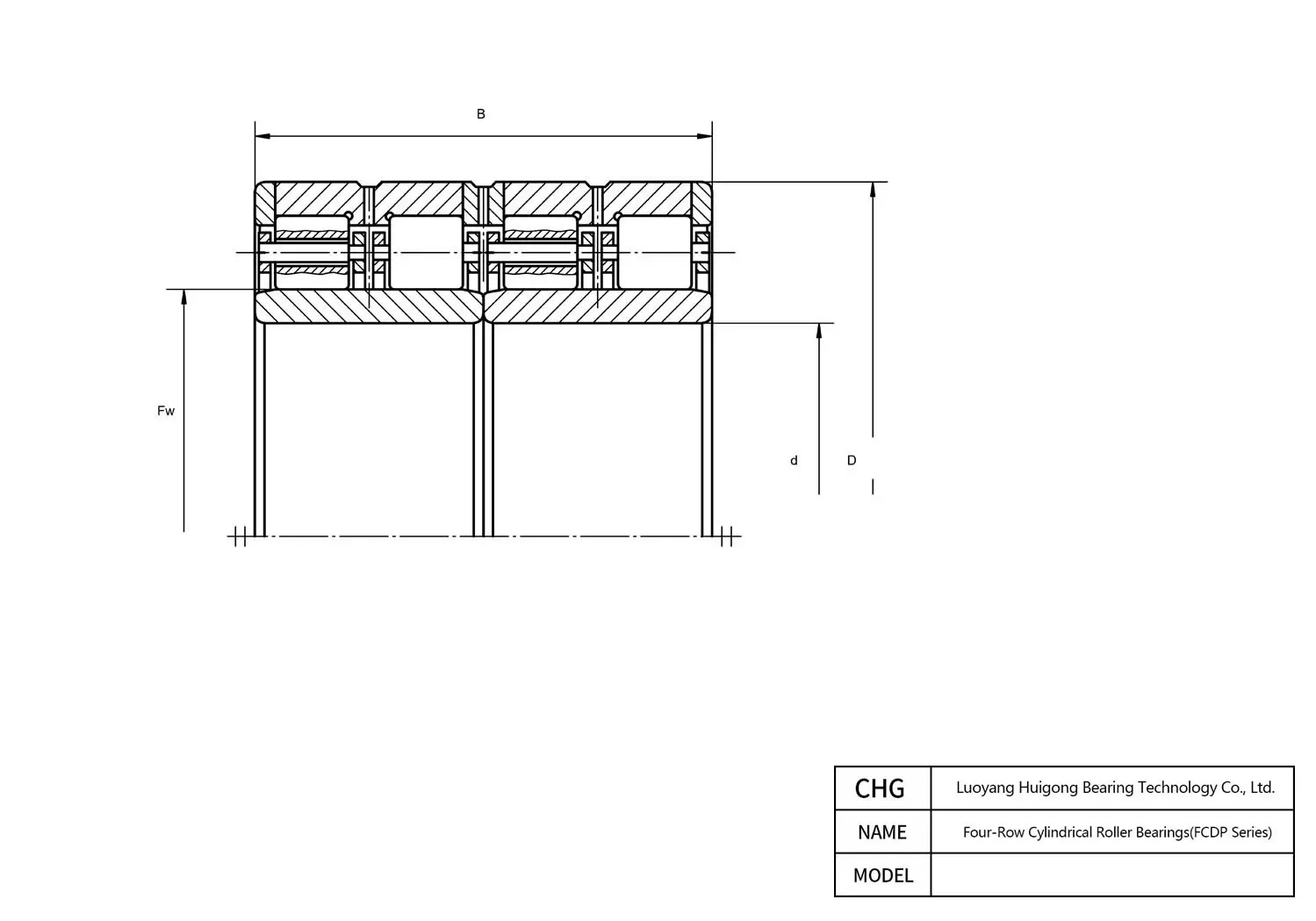 CAD Drawing and Dimensions for FCDP140196620 Four-Row Cylindrical Roller Bearings