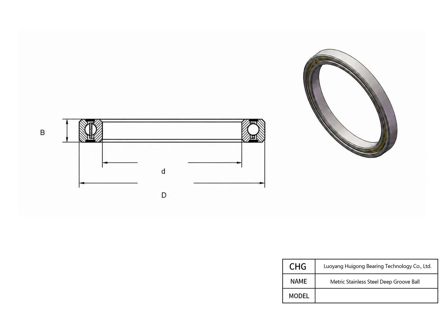 CAD Drawing and Dimensions for 6001H Metric Stainless Steel Deep Groove Ball Bearings